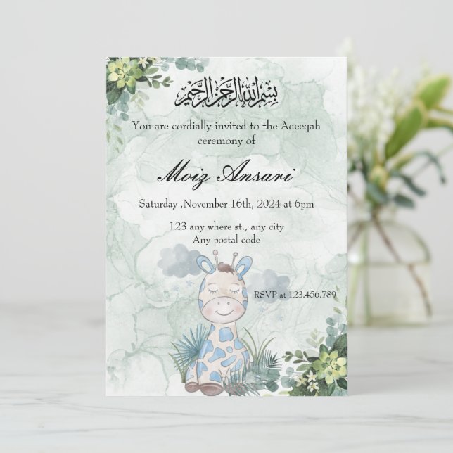 Soft pastel green with baby giraffe Aqeeqah invite (Standing Front)