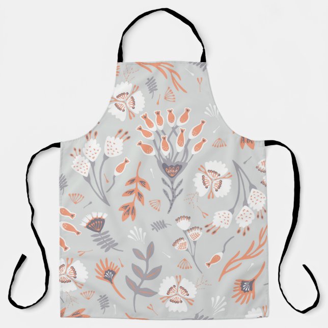 Soft Pastel Grey Orange Floral, Seamless Pattern,  Apron (Front)