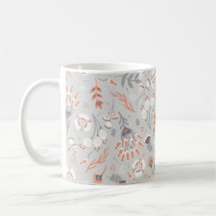 Soft Pastel Grey Orange Floral, Seamless Pattern, Coffee Mug