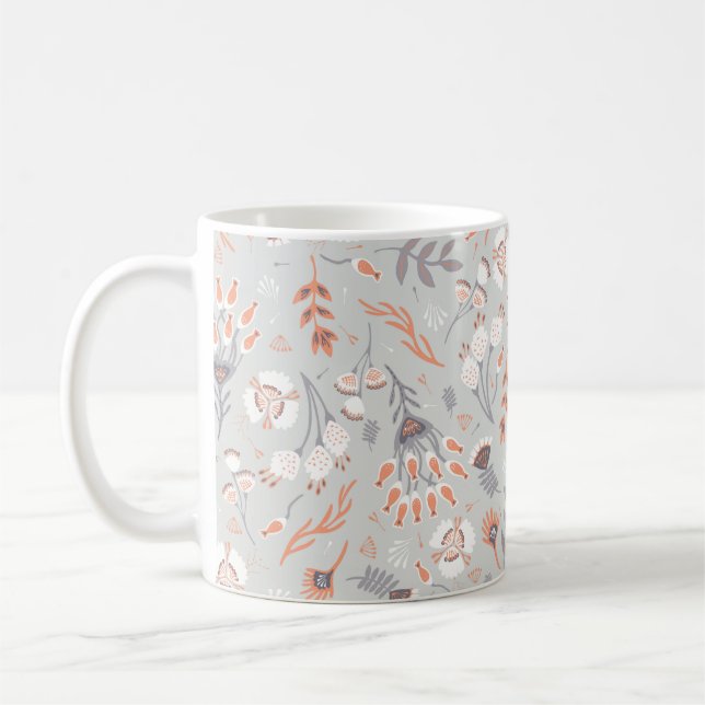 Soft Pastel Grey Orange Floral, Seamless Pattern,  Coffee Mug (Left)