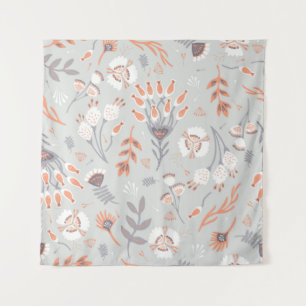 Soft Pastel Grey Orange Floral, Seamless Pattern, Tapestry