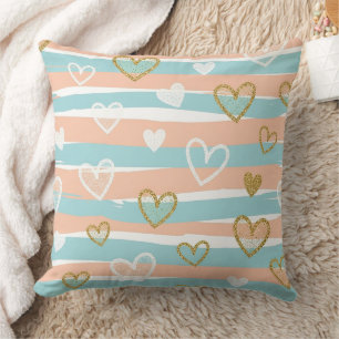 Soft Pastel Heart Stripe Gold Accent Baby Style Cushion