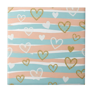 Soft Pastel Heart Stripe Gold Accent Baby Style Tile