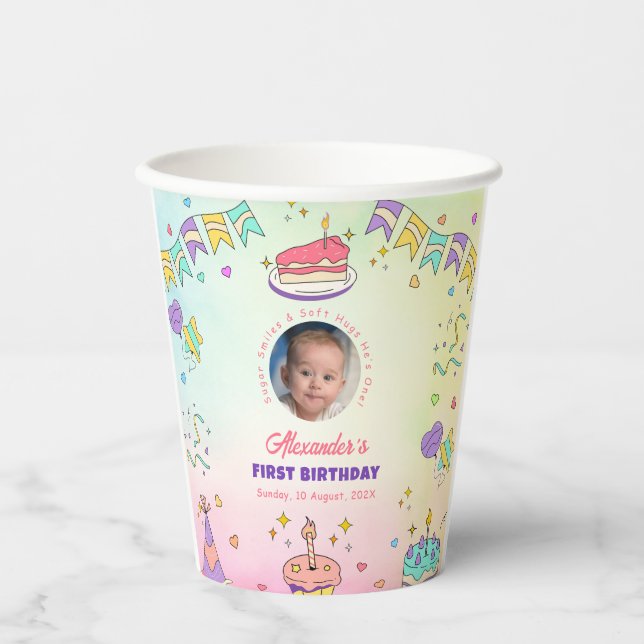 Soft Pastel Joy – Baby Boy 1st Birthday Photo Cups (Front)