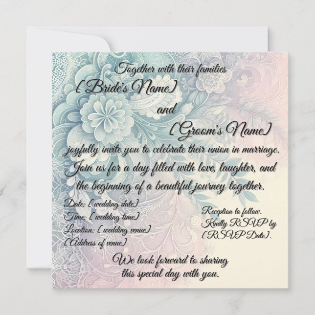 Soft pastel lace design & roses wedding invitation (Front)