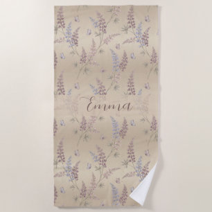 Soft Pastel Lupine & Butterfly Meadow Pattern Beach Towel