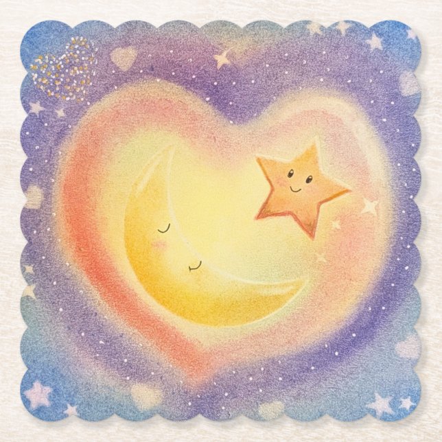 Soft Pastel Moon Star Dreamy Sky Design Paper Coaster (Front)
