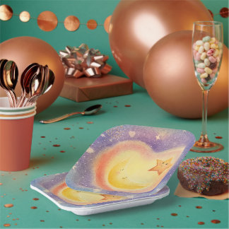 Soft Pastel Moon Star Dreamy Sky Design Paper Plate