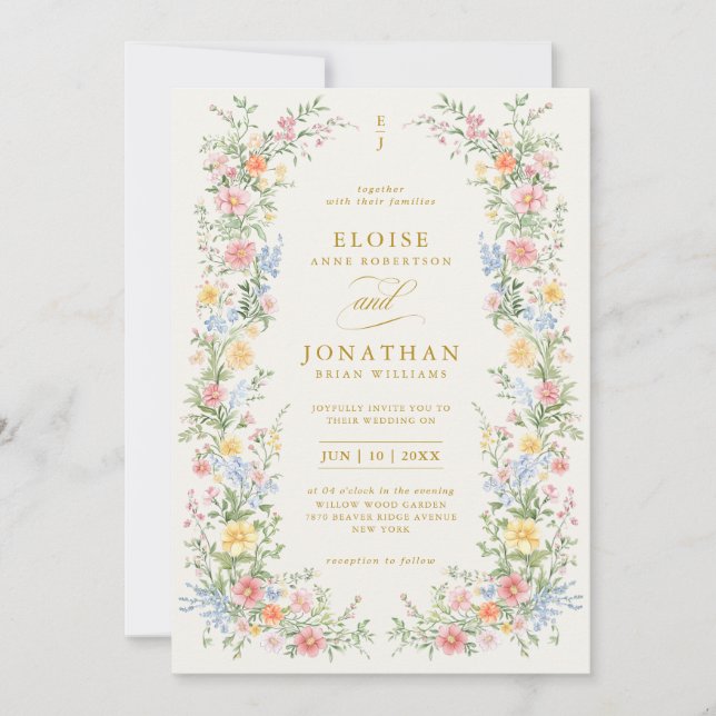 Soft Pastel Ornate Spring All in One Gold Wedding Invitation (Front)