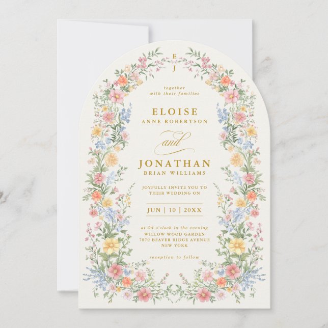 Soft Pastel Ornate Spring Floral Arch Gold Wedding Invitation (Front)