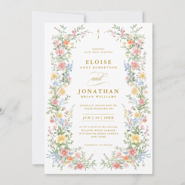 Soft Pastel Ornate Spring Floral QR Code Wedding Invitation (Front)