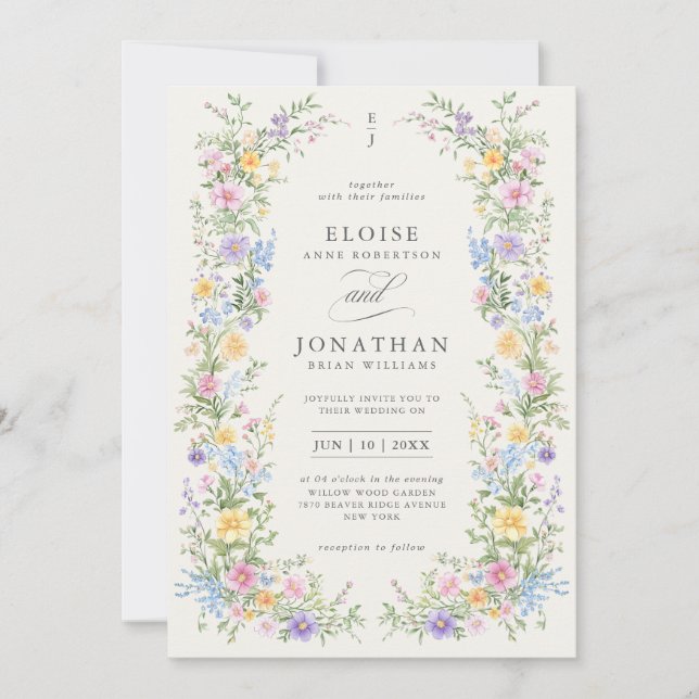 Soft Pastel Ornate Spring Floral QR Code Wedding Invitation (Front)