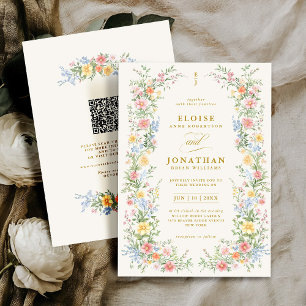 Soft Pastel Ornate Spring Floral QR Code Wedding Invitation