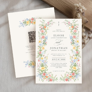 Soft Pastel Ornate Spring Floral QR Code Wedding Invitation