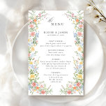 Soft Pastel Ornate Spring Garden Chic Wedding Menu<br><div class="desc">Bring timeless charm and romantic elegance to your wedding with this minimalist floral wedding menu, featuring a soft watercolor border of hand-painted blooms. The delicate floral arrangement includes pastel pinks, buttery yellows, soft lavenders, baby blues, and sage greens, gracefully framing your custom text in the centre. Perfect for spring or...</div>