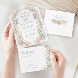 Soft Pastel Ornate Spring Garden Floral Wedding All In One Invitation<br><div class="desc">Bring timeless charm and romantic elegance to your wedding with this minimalist floral all in one invitation, featuring a soft watercolor border of hand-painted blooms. The delicate floral arrangement includes pastel pinks, buttery yellows, soft lavenders, baby blues, and sage greens, gracefully framing your custom text in the centre. Perfect for...</div>