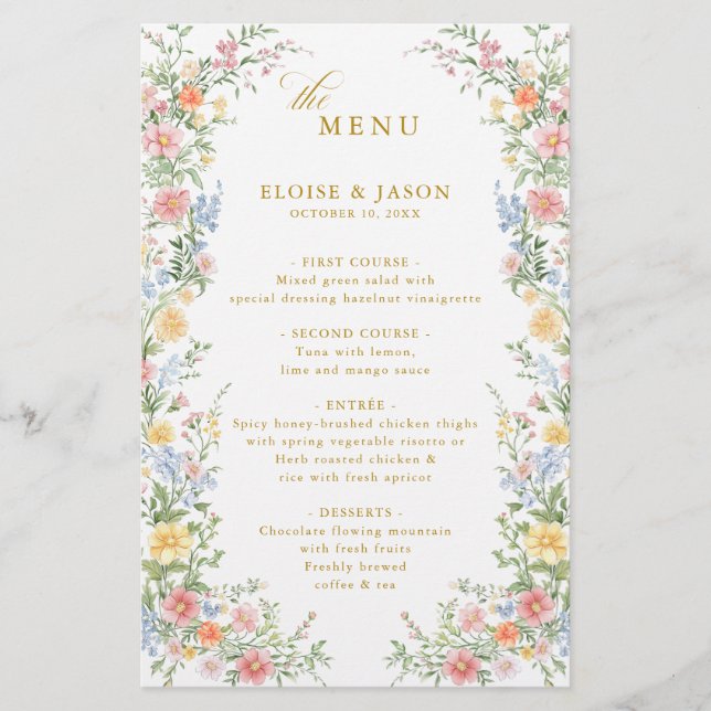 Soft Pastel Ornate Spring Garden Gold Wedding Menu (Front)