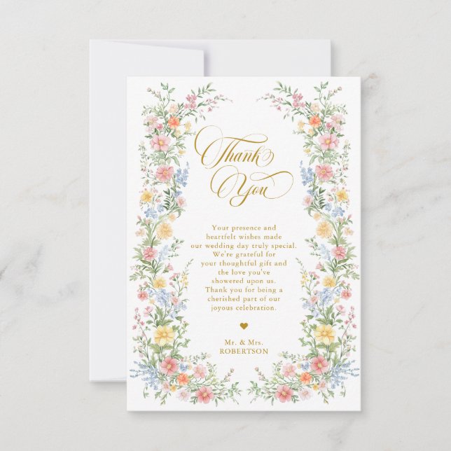 Soft Pastel Ornate Spring Garden Gold Wedding Thank You Card (Front)