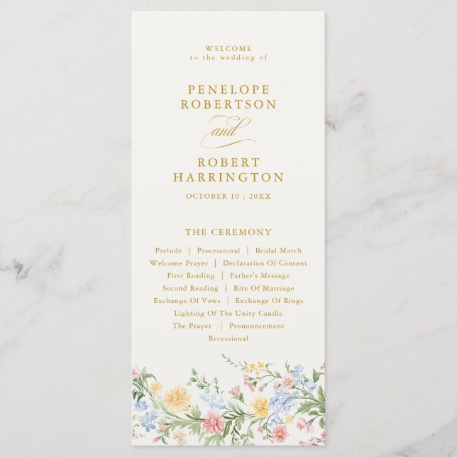 Soft Pastel Ornate Spring Gold Floral Wedding Programme (Front)