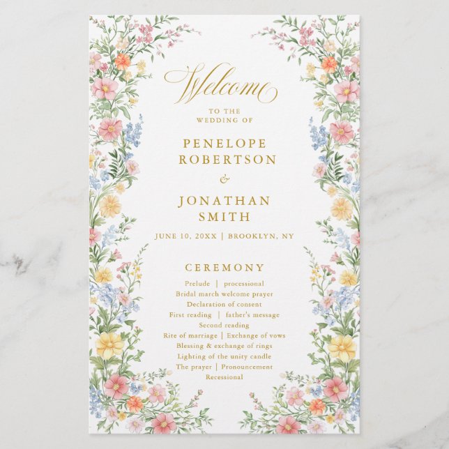 Soft Pastel Ornate Spring Gold  Wedding Program  (Front)