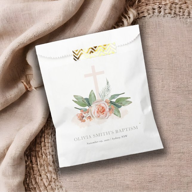 Soft Pastel Peach Rose Floral Cross Bunch Baptism Favour Bags (Creator Uploaded)