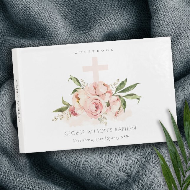 Soft Pastel Peach Rose Floral Cross Bunch Baptism Guest Book (Creator Uploaded)