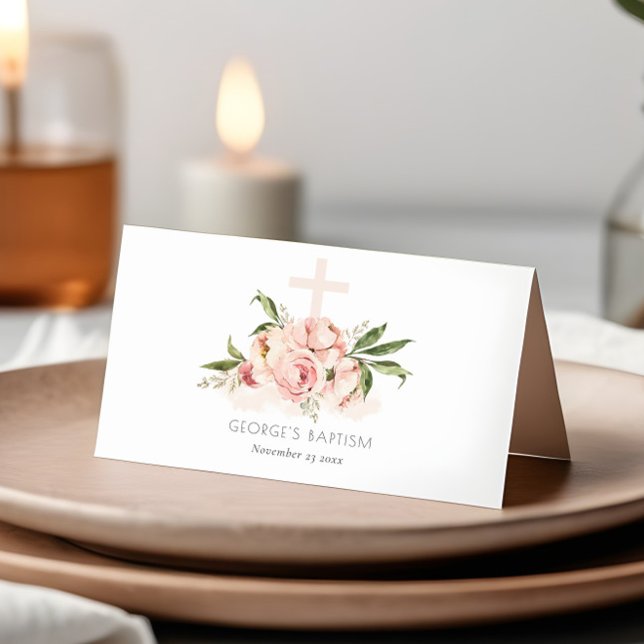 Soft Pastel Peach Rose Floral Cross Bunch Baptism Place Card (Creator Uploaded)
