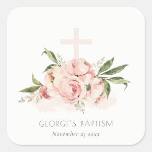 Soft Pastel Peach Rose Floral Cross Bunch Baptism Square Sticker
