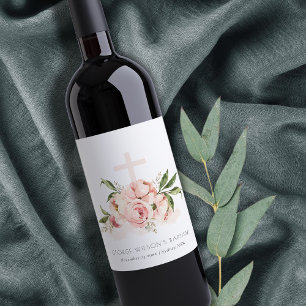 Soft Pastel Peach Rose Floral Cross Bunch Baptism Wine Label