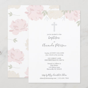 Soft Pastel Peonies Cross Girl Baptism Invitation