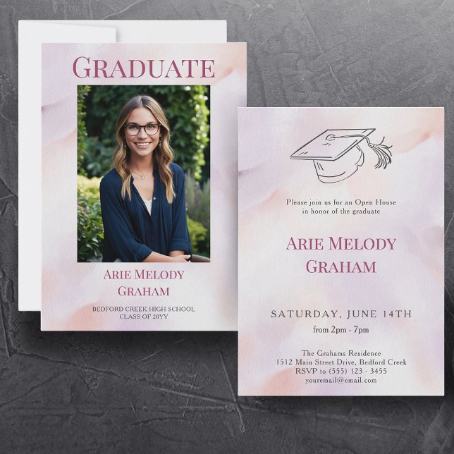 Soft Pastel Photo Graduation Open House Invitation (watercolor graduation abstract pink one photo graduate cap doodle)