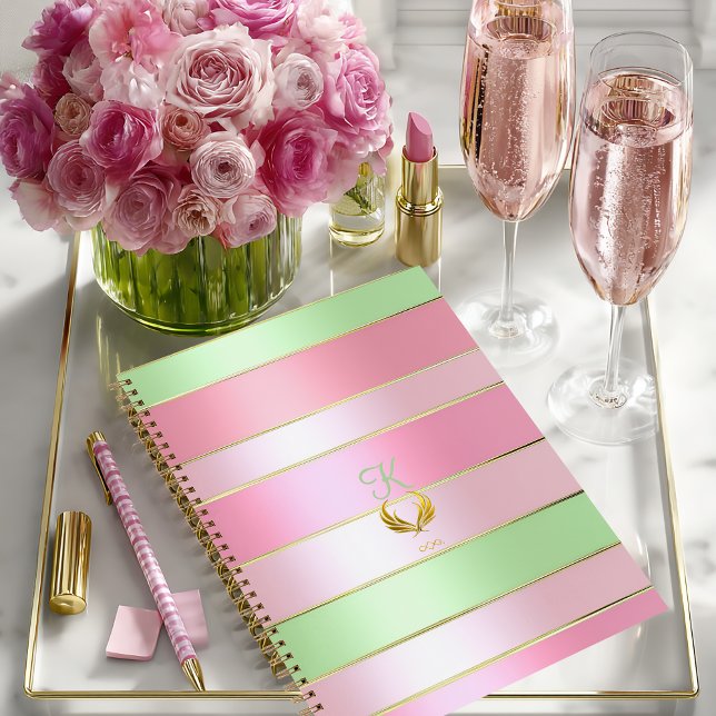 Soft Pastel Pink and Green Striped Notebook (Pretty Posh Pastel Monogrammed Pink and Green Notebook/Glossy Softcover (shown)Matte Hardcover )
