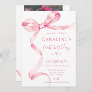 Soft Pastel Pink Bow 1st Birthday Invitation