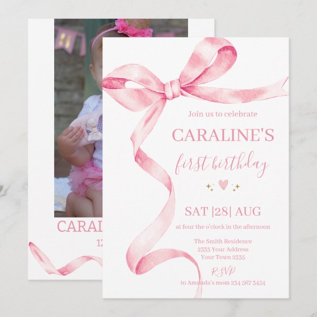 Soft Pastel Pink Bow 1st Birthday  Invitation (Front/Back)