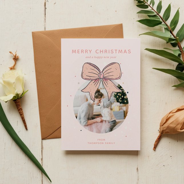 Soft Pastel Pink Christmas Ball Bow Photo  Holiday Card (Creator Uploaded)