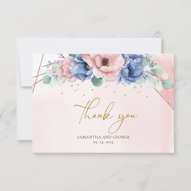 Soft pastel pink dusty blue gold frame wedding thank you card (Front)