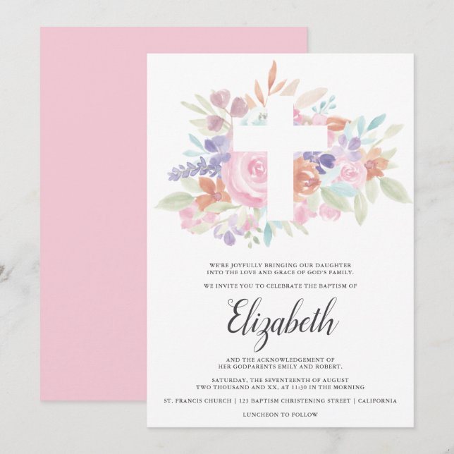 Soft pastel pink floral christian cross baptism invitation (Front/Back)