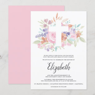 Soft pastel pink floral christian cross baptism invitation