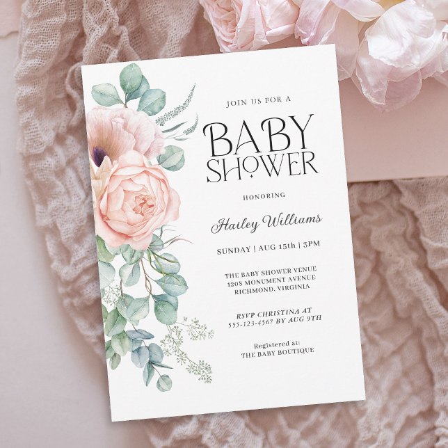 Soft Pastel Pink Floral Girl Baby Shower Invitation (Available as printed and paperless digital download!)