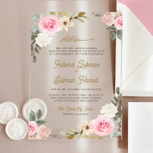 Soft Pastel Pink Floral Islamic Muslim Wedding Acrylic Invitations