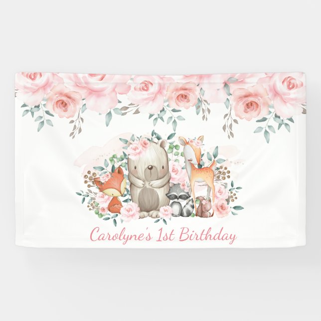 Soft Pastel Pink Floral Woodland Animals Birthday Banner (Horizontal)