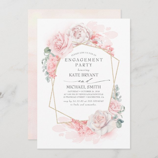 Soft Pastel Pink Flowers Dreamy Engagement Party Invitation (Front/Back)