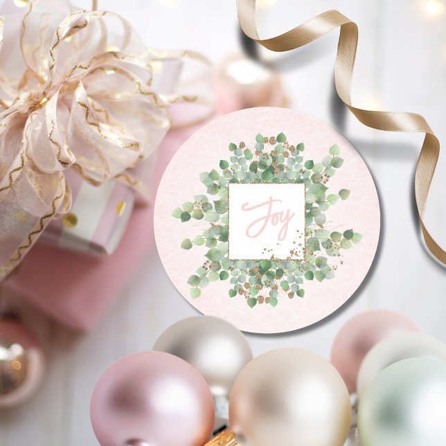 Soft Pastel Pink Gold Eucalyptus Joy Holiday Gift  Classic Round Sticker (Creator Uploaded)