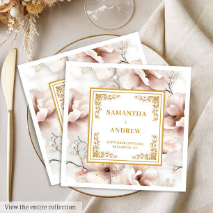 Soft pastel pink ivory gold boho floral wedding napkin