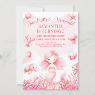 Soft pastel pink little mermaid 5th birthday invitation