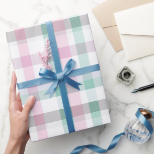 Soft Pastel Pink Mint Gingham White Plaid Pattern Wrapping Paper