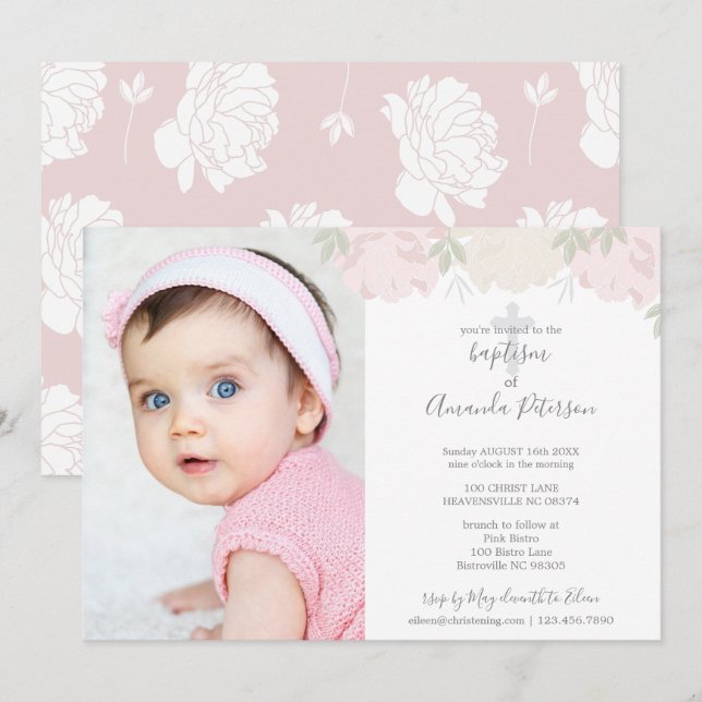 Soft Pastel Pink Peonies Cross Girl Baptism Invitation (Front/Back)