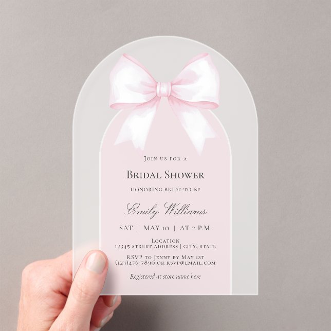 Soft Pastel Pink Ribbon Bow Bridal Shower Acrylic Invitations (Insitu (Handheld))
