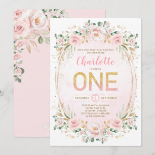 Soft Pastel Pink Rose Blush Gold Girl 1st Birthday Invitation