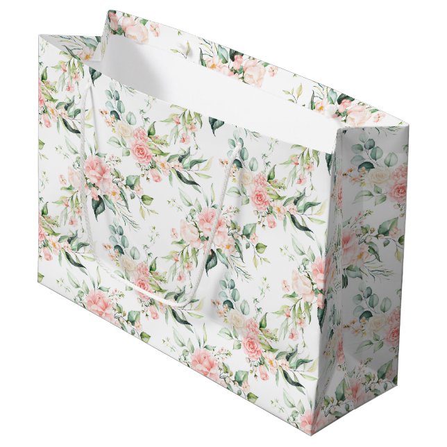 Soft Pastel Pink Rose Flower Pattern Large Gift Bag (Front Angled)